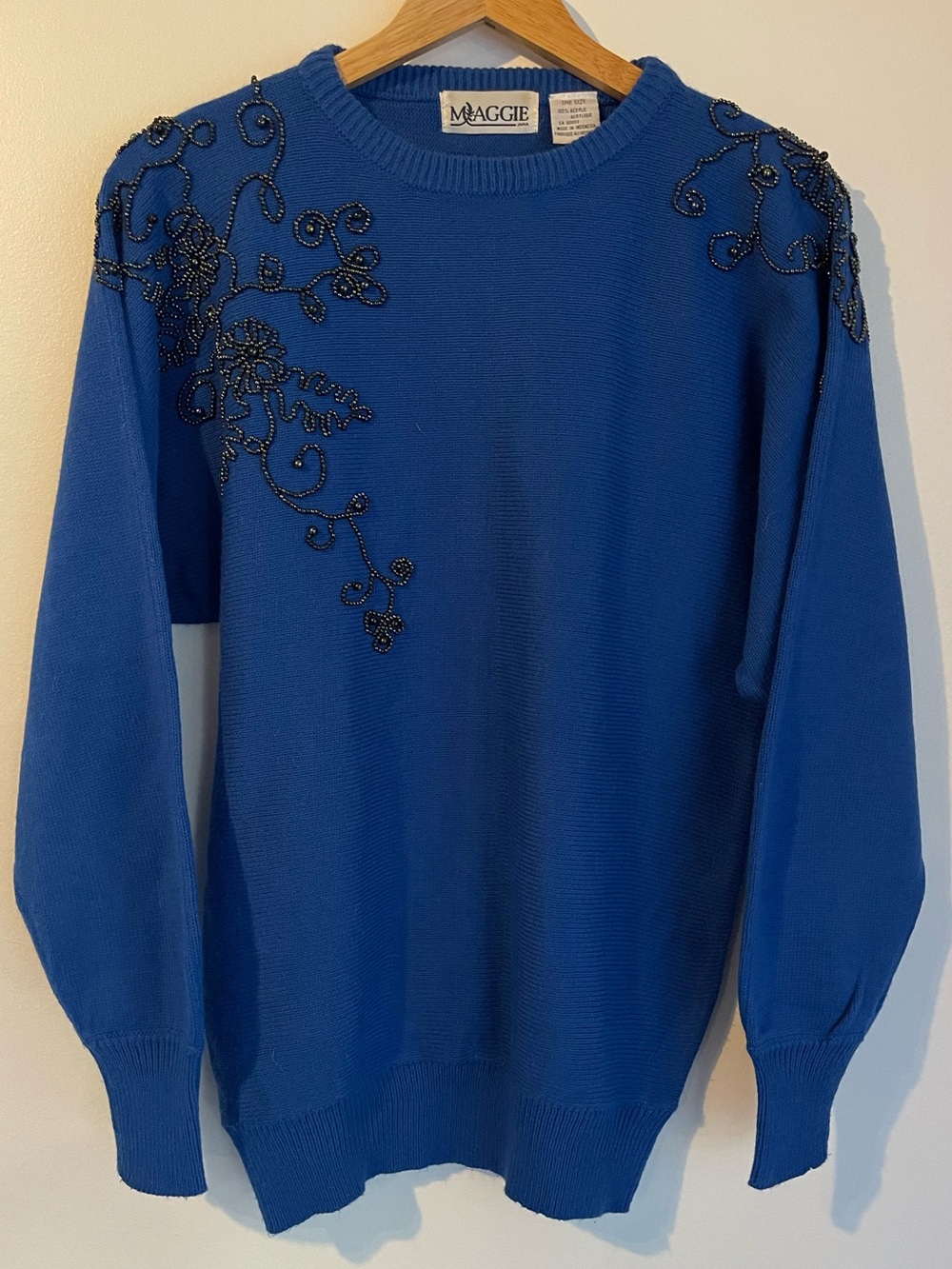 Vintage Maggie Royal Blue Beaded Floral Embellished Knit Sweater OS S M